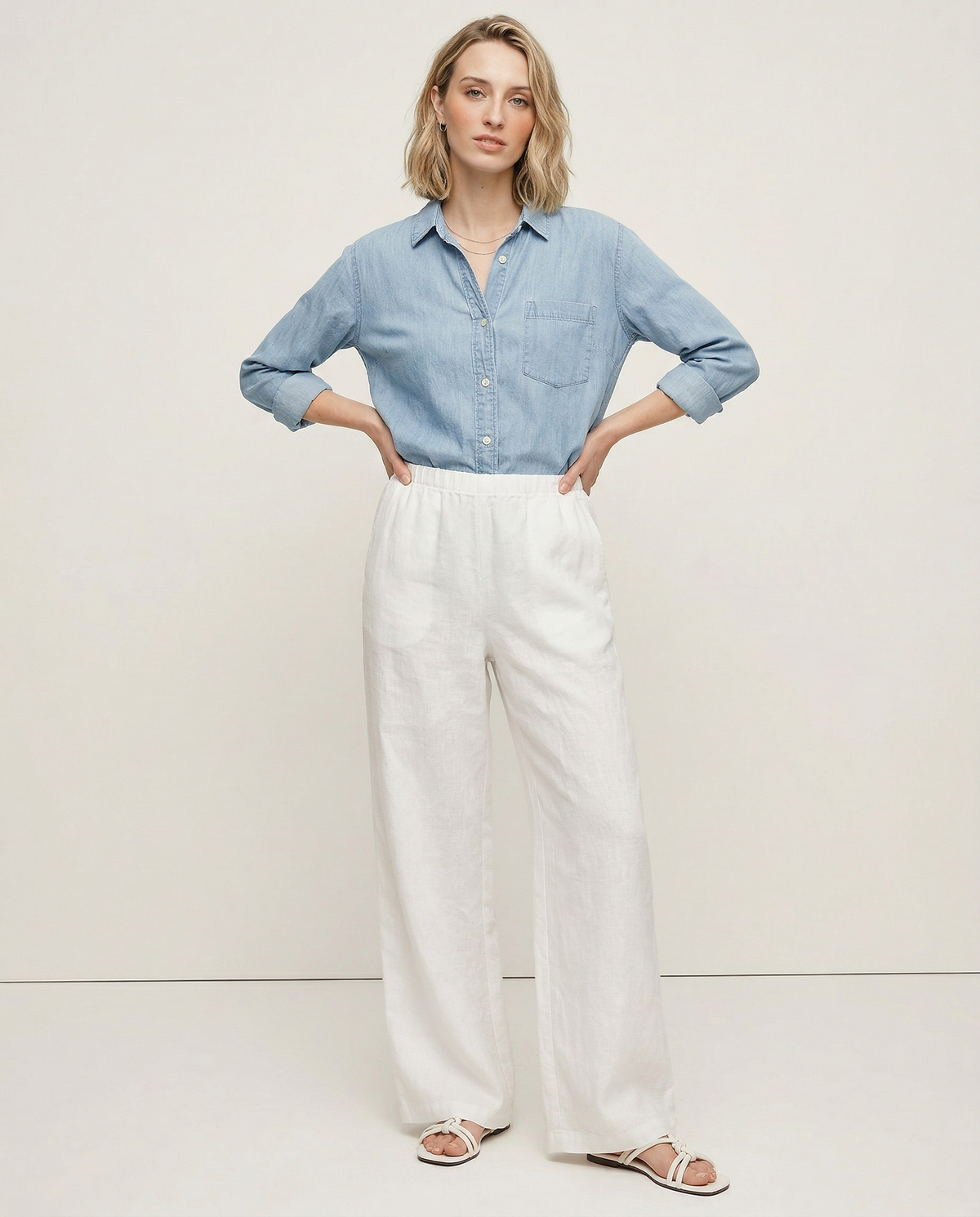 Women’s knit wide-leg drawstring trousers by Christine Brewer, loose pull-on pants showcasing soft fabric and relaxed fit.