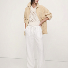Women’s linen wide-leg trousers by Christine Brewer, loose pull-on pants showcasing soft fabric and comfortable fit.