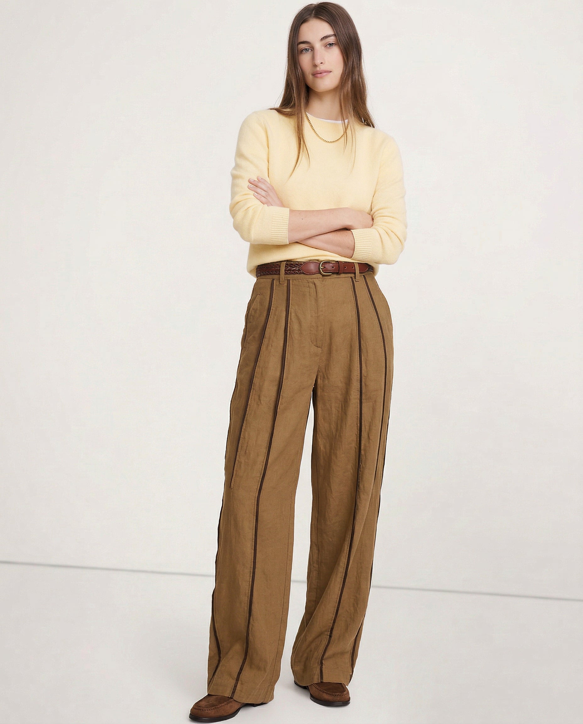 Women’s linen wide-leg elastic-waist trousers by Christine Brewer, showcasing soft, high-quality linen fabric and relaxed fit.