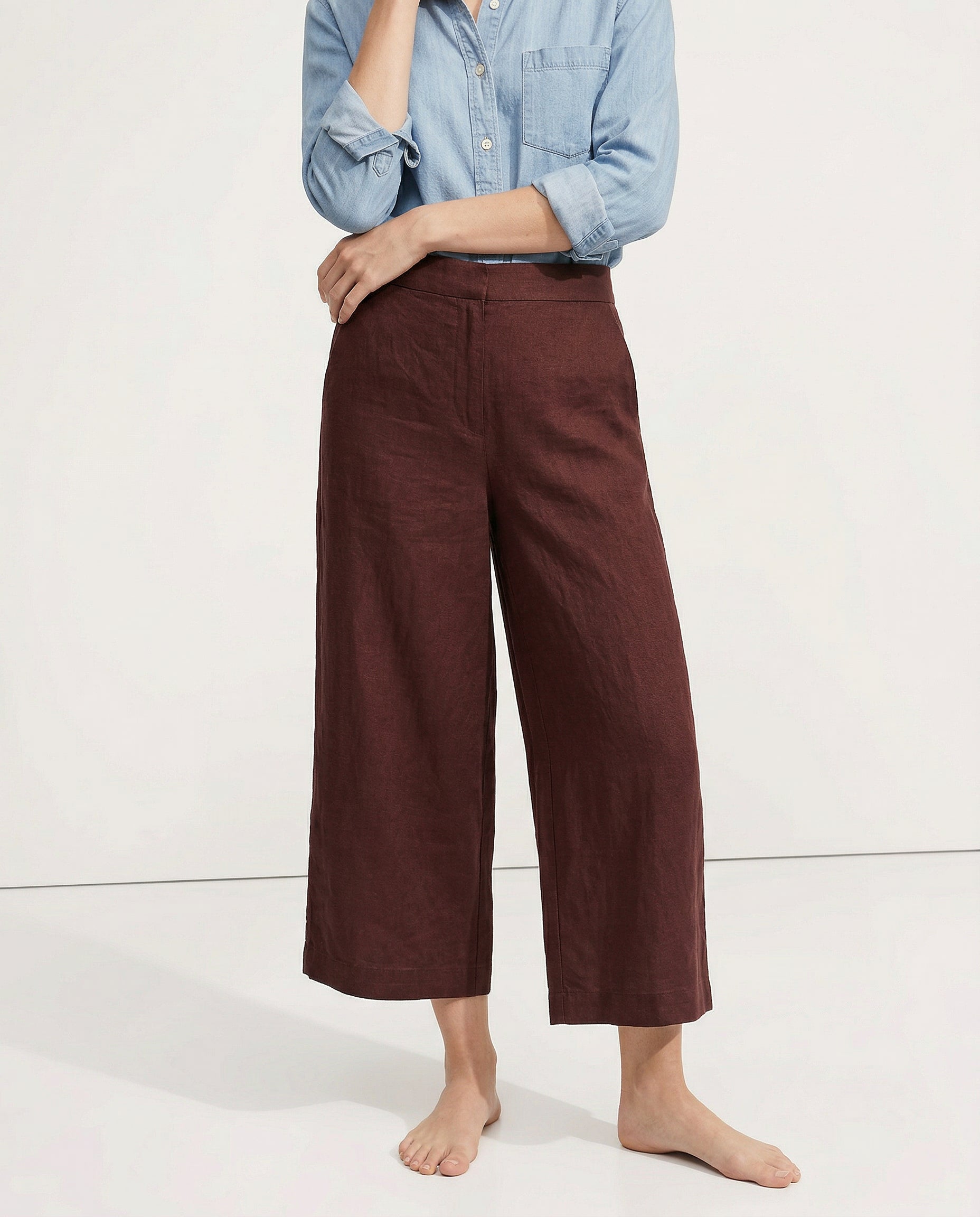 Women’s linen cropped wide-leg drawstring trousers by Christine Brewer, showcasing soft, high-quality linen fabric and relaxed fit.