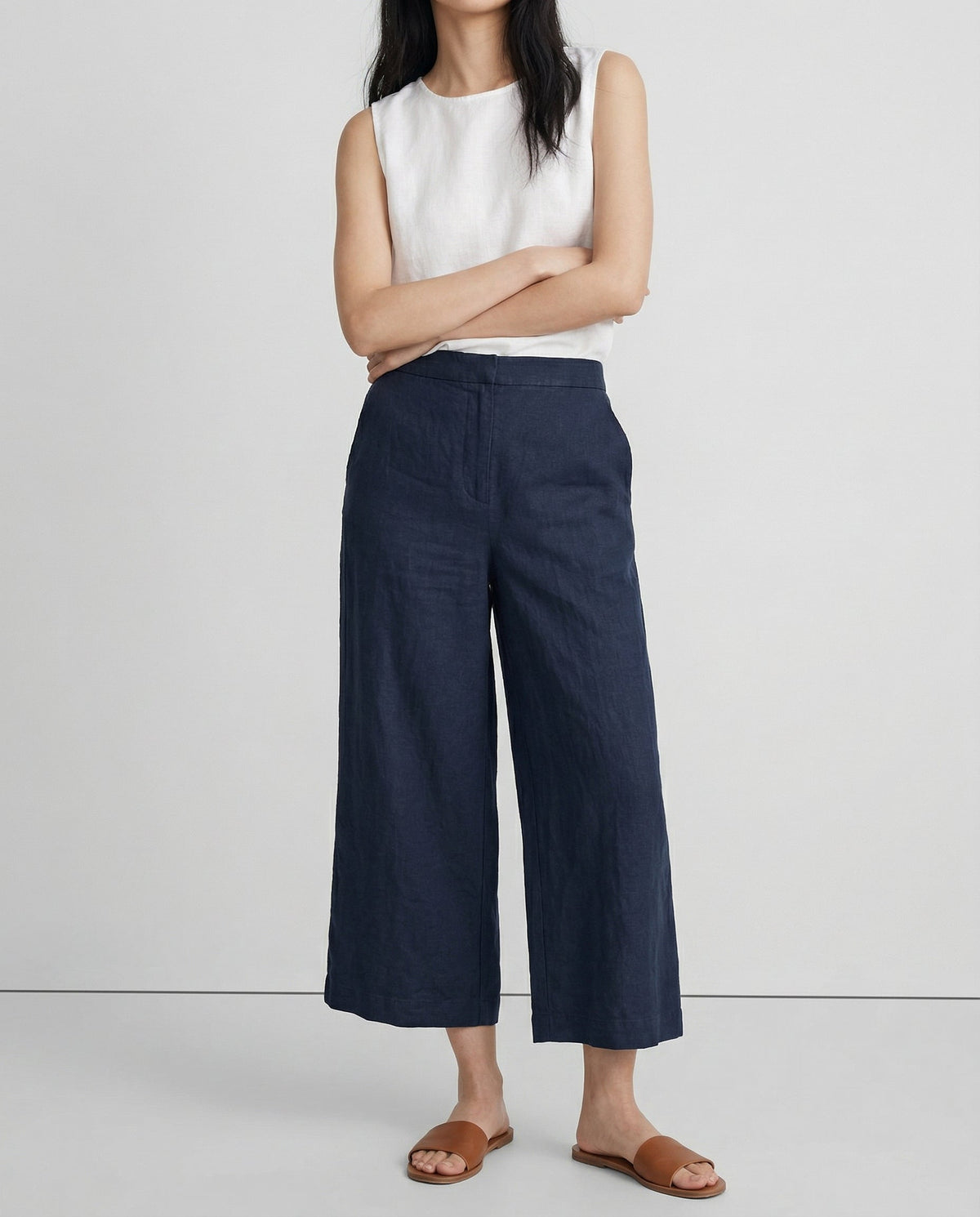 Women’s linen cropped wide-leg drawstring trousers by Christine Brewer, showcasing soft, high-quality linen fabric and relaxed fit.