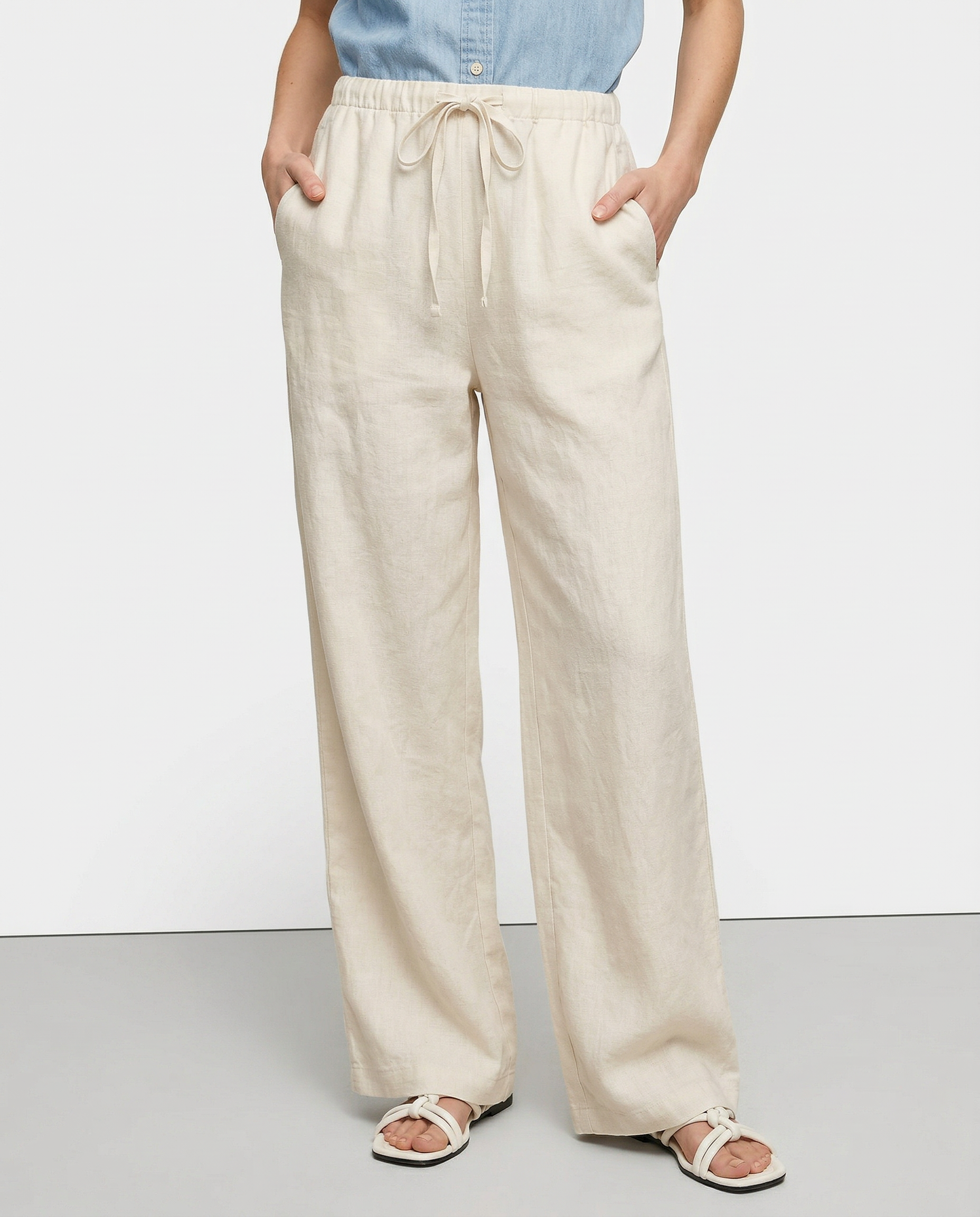 Women’s knit wide-leg drawstring trousers by Christine Brewer, featuring soft fabric, loose fit, and pull-on style.