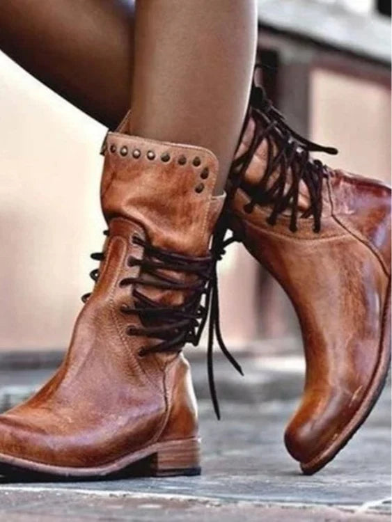 Charlotte1 | Motorcycle Boots, Biker Boots, Women, Lace Up, Round Toe, Studded, Mid Heel, Rivet,