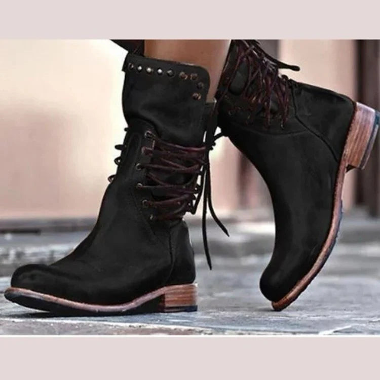 Charlotte1 | Motorcycle Boots, Biker Boots, Women, Lace Up, Round Toe, Studded, Mid Heel, Rivet,