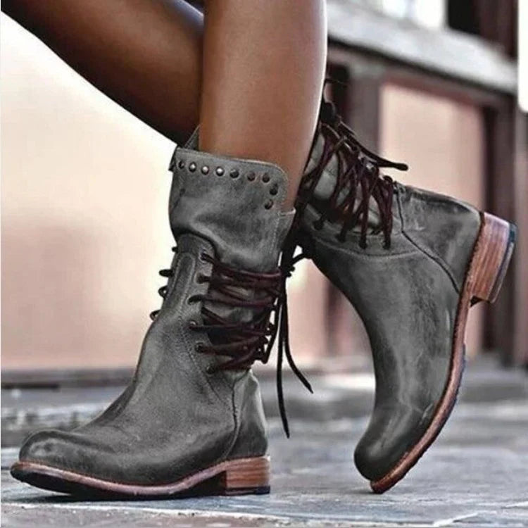 Charlotte1 | Motorcycle Boots, Biker Boots, Women, Lace Up, Round Toe, Studded, Mid Heel, Rivet,