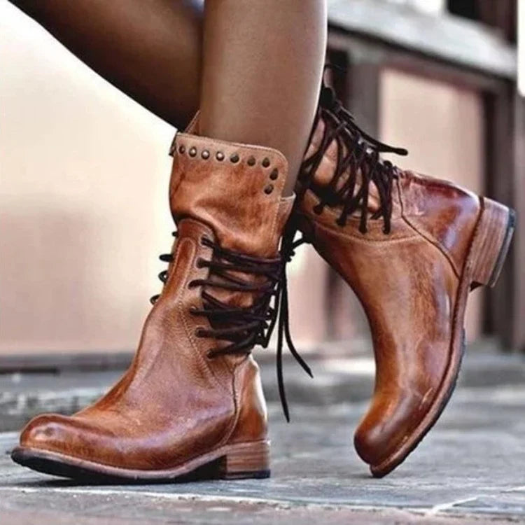 Charlotte1 | Motorcycle Boots, Biker Boots, Women, Lace Up, Round Toe, Studded, Mid Heel, Rivet,