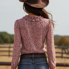 Pink leopard print chiffon blouse with ruffled lace V-neck, stylish and feminine, by Christine Brewer.