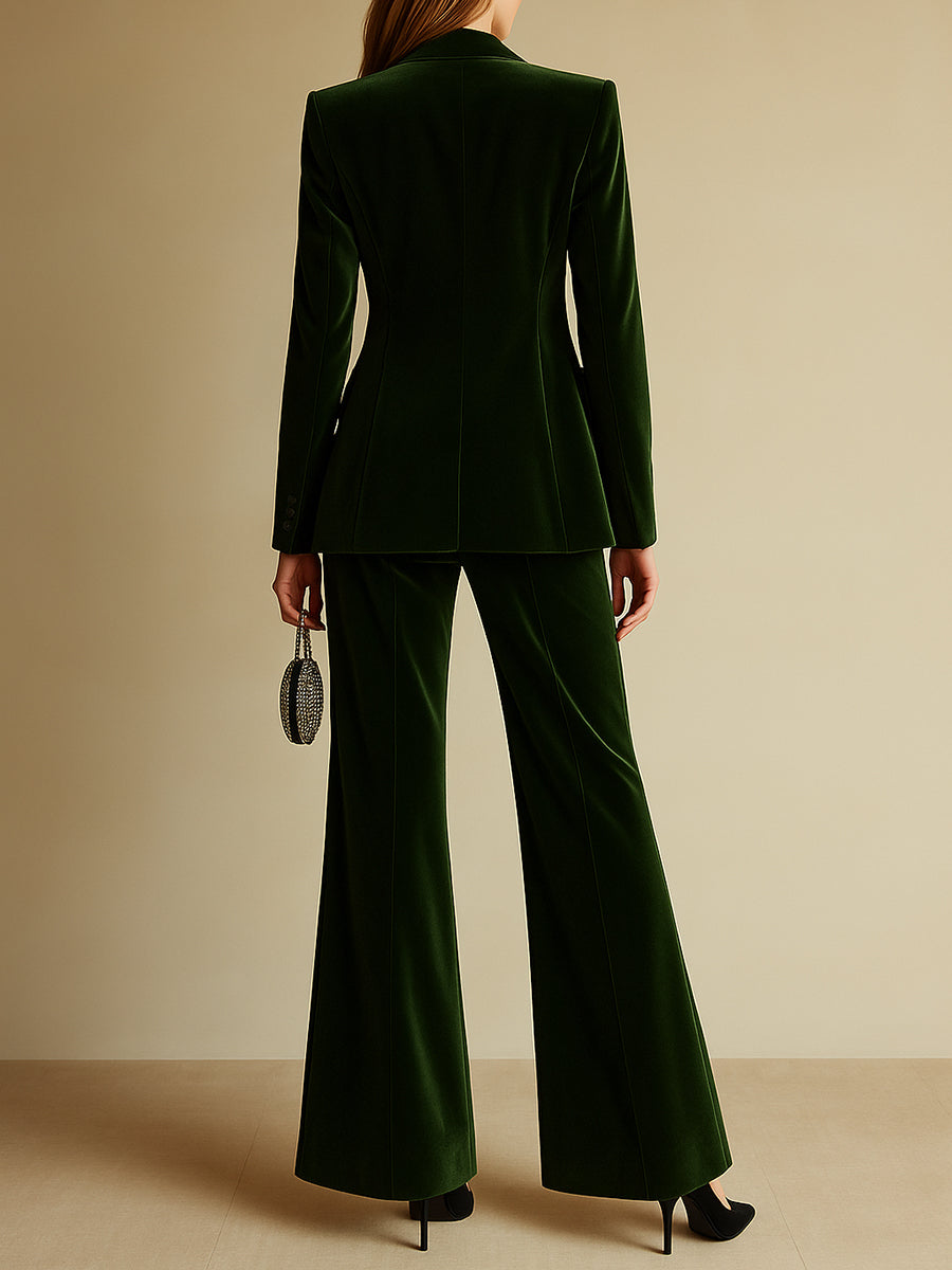 Emerald green loose velvet two-piece suit set for women featuring stylish pants by Christine Brewer.