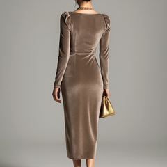 Christine Brewer velvet midi evening dress with a fitted silhouette and elegant drape, perfect for formal occasions.
