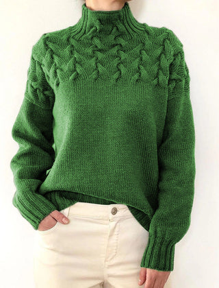 Green Tessa women's turtleneck sweater by Christine Brewer, cozy knitwear for women with a high neckline and long sleeves.