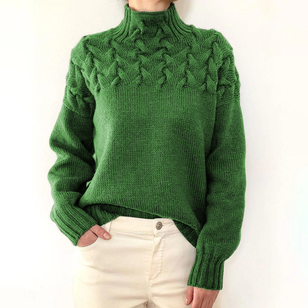 Green Tessa women's turtleneck sweater by Christine Brewer, cozy knitwear for women with a high neckline and long sleeves.