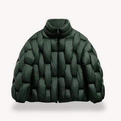 Green Bella Cosy Puffer Jacket for Women by Christine Brewer, featuring a padded, insulated design with a high collar and quilted pattern.