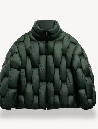 Green Bella Cosy Puffer Jacket for Women by Christine Brewer, featuring a padded, insulated design with a high collar and quilted pattern.