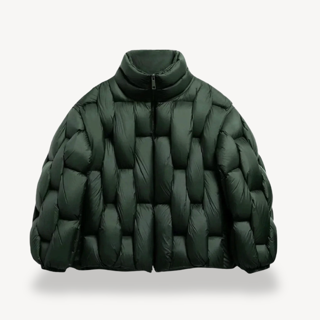 Green Bella Cosy Puffer Jacket for Women by Christine Brewer, featuring a padded, insulated design with a high collar and quilted pattern.