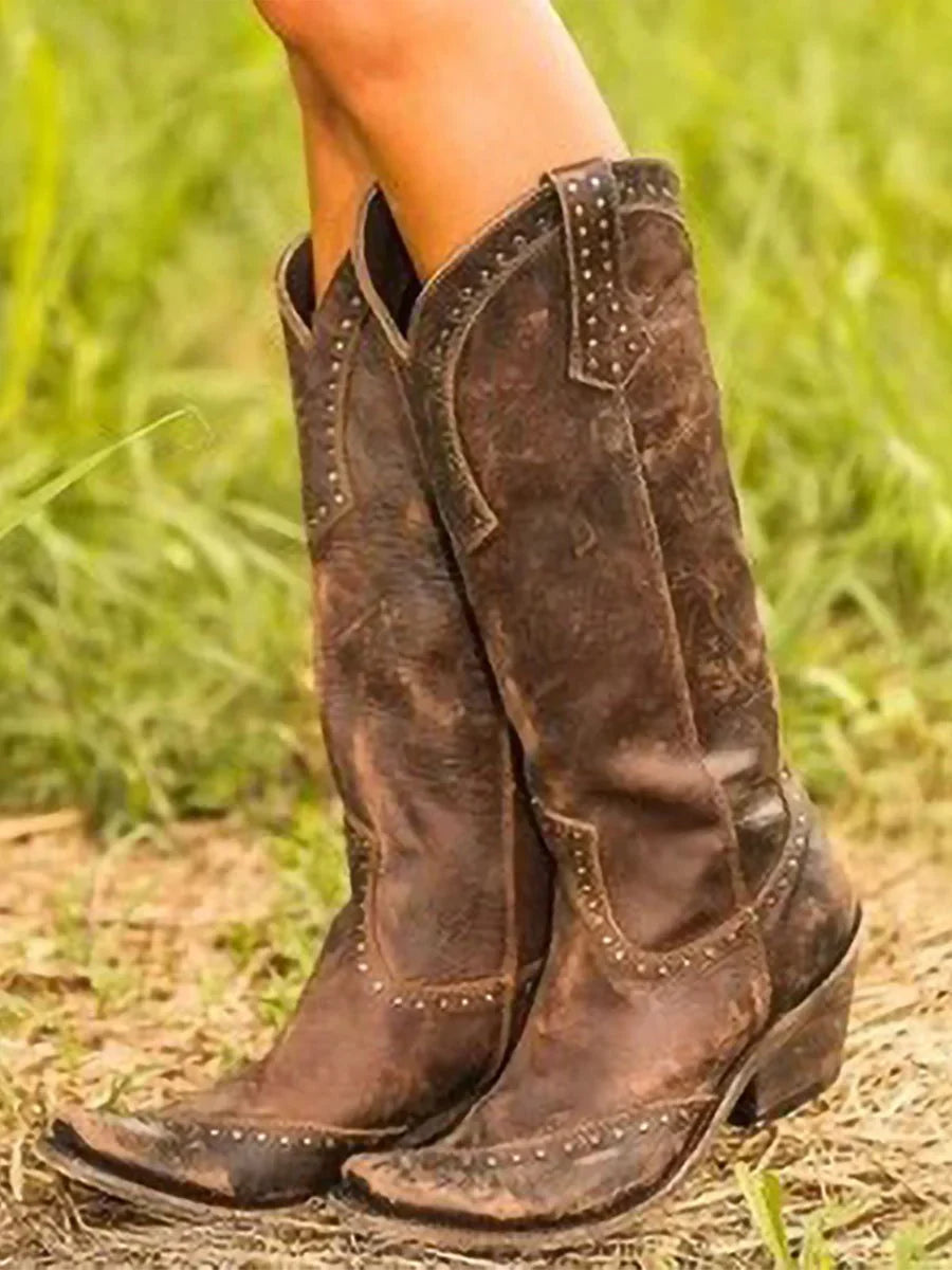 Emily1 | Cowboy Boots, Knee High Boots, Western Boots, Women, Studded, Low Heel, Cowgirl, Rivet,