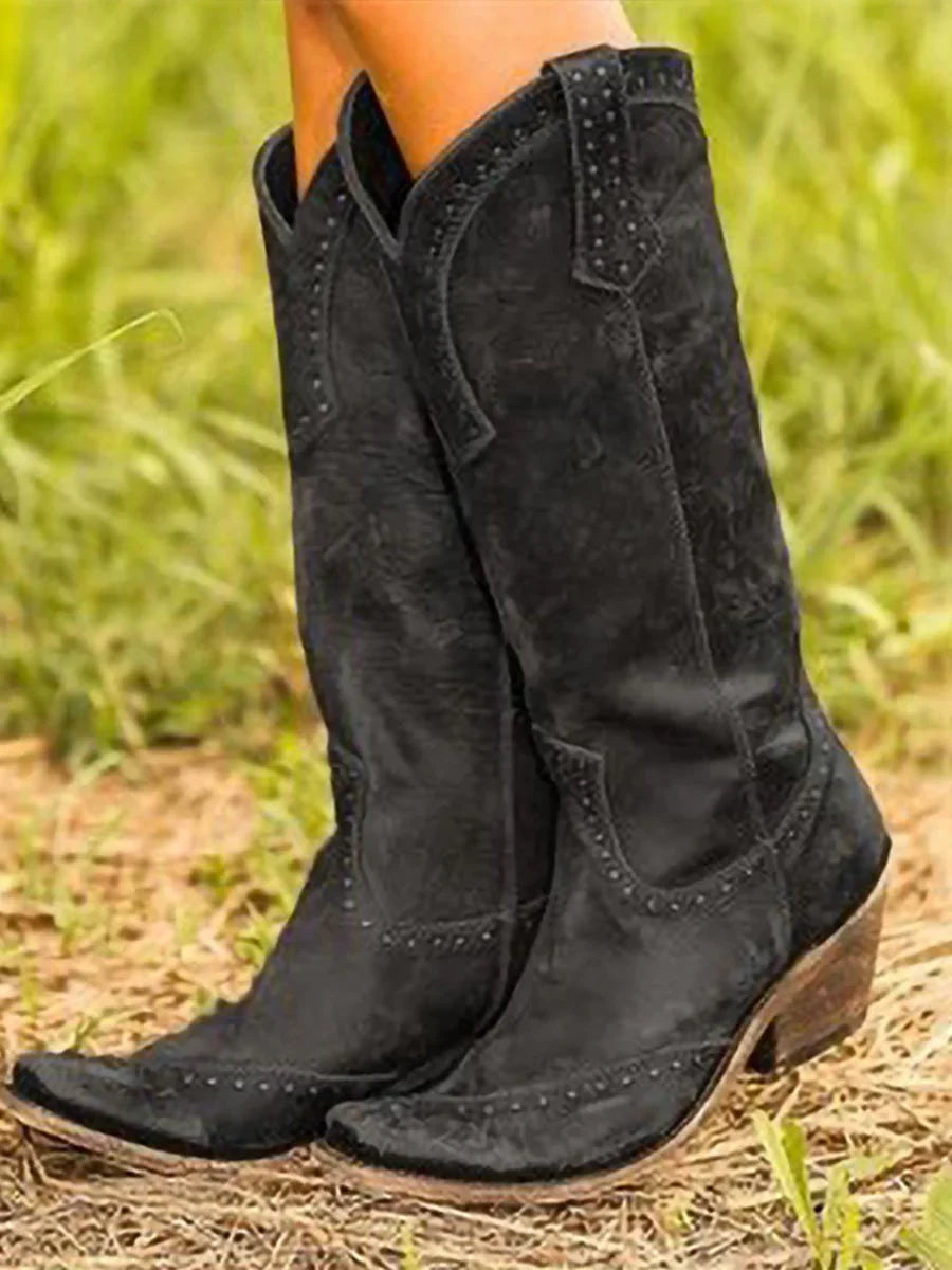 Emily1 | Cowboy Boots, Knee High Boots, Western Boots, Women, Studded, Low Heel, Cowgirl, Rivet,