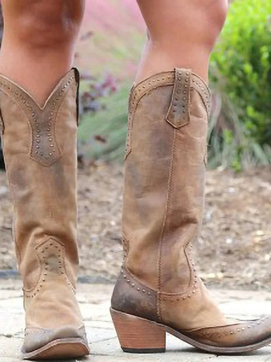 Emily1 | Cowboy Boots, Knee High Boots, Western Boots, Women, Studded, Low Heel, Cowgirl, Rivet,
