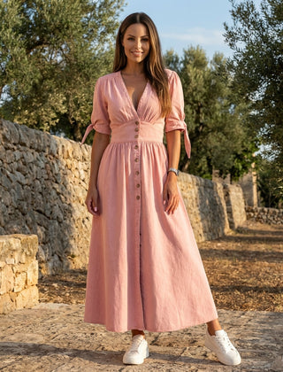 Button front midi dress with V-neck and waist tie by Christine Brewer, featuring a stylish and flowing silhouette.