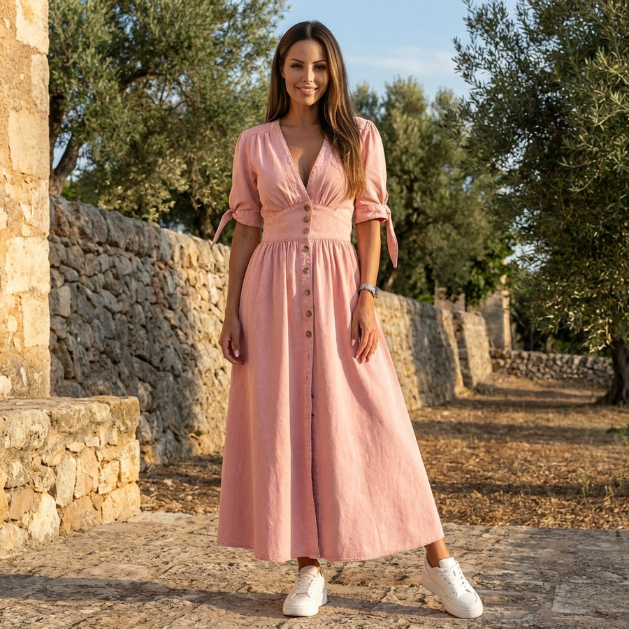 Button front midi dress with V-neck and waist tie by Christine Brewer, featuring a stylish and flowing silhouette.