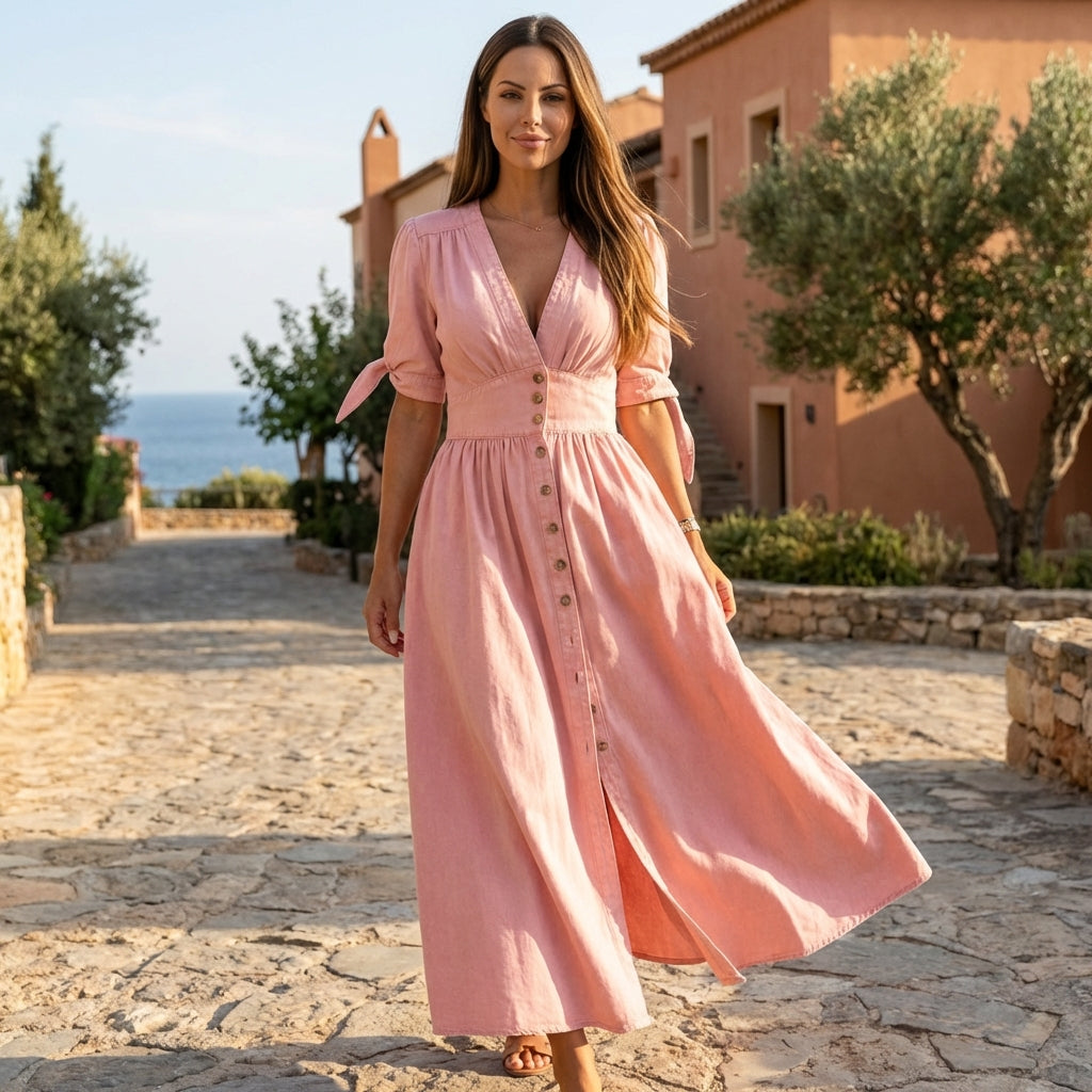 Christine Brewer button front midi dress with V-neck and waist tie, shown in a stylish, flowy fabric with a midi length.