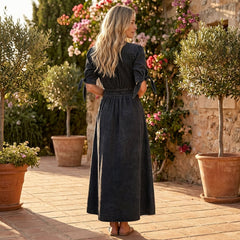 Christine Brewer button front midi dress featuring a V-neckline and waist tie, shown in a flattering fit and flowy fabric.