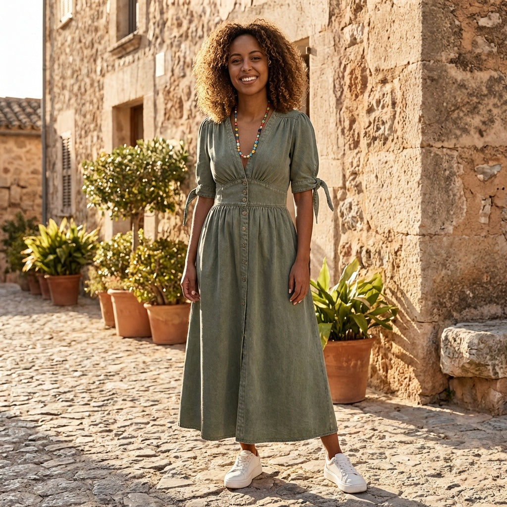 Christine Brewer button front midi dress with V-neck and waist tie, shown in a stylish, flowy design with a fitted waist.