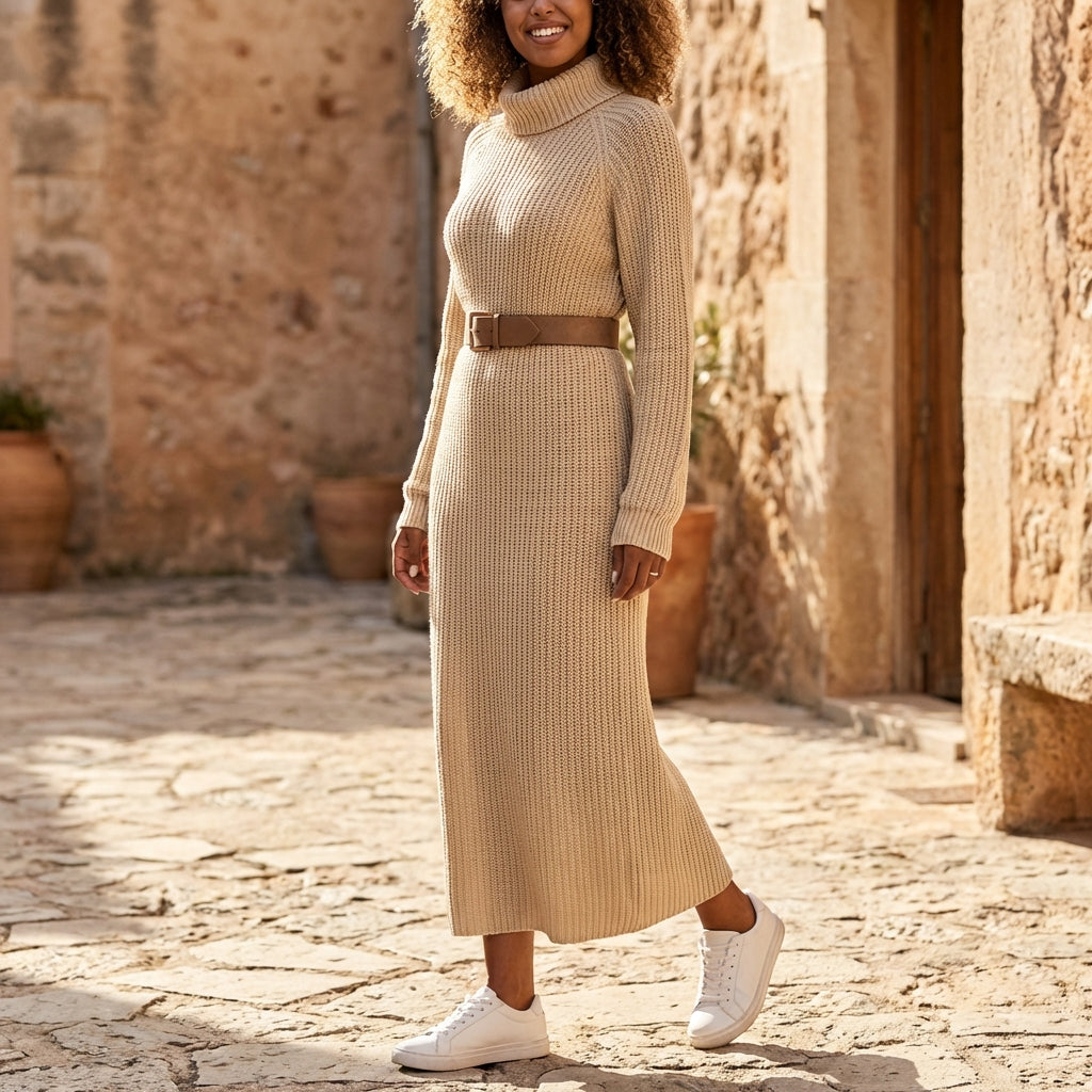 Ribbed knit midi dress with long sleeves and high neckline by Christine Brewer, shown on a model.