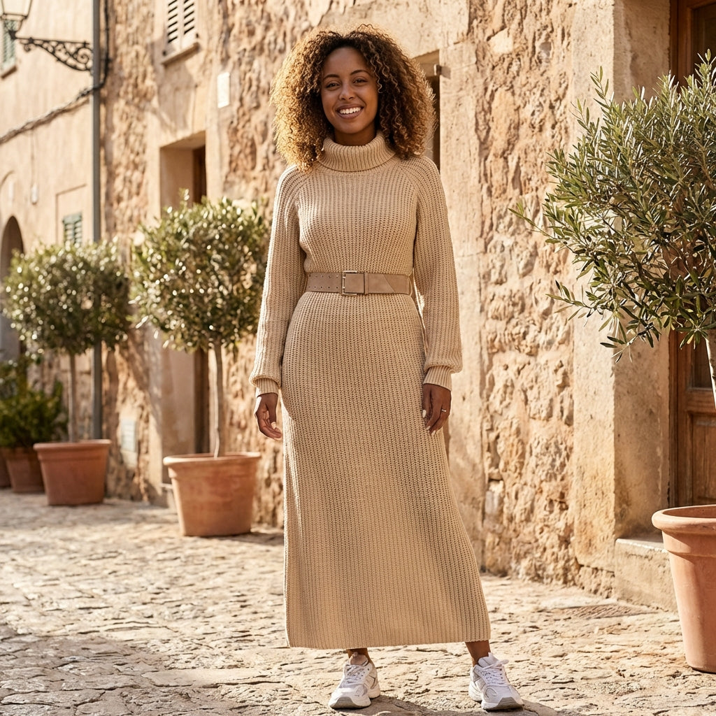 Ribbed knit midi dress with long sleeves and high neck by Christine Brewer, shown on a model in a neutral setting.