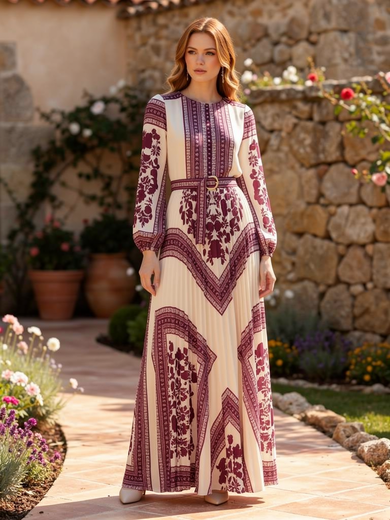 Boho printed long sleeve maxi dress by Christine Brewer featuring a relaxed fit and vibrant floral pattern.