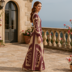Boho printed long sleeve maxi dress by Christine Brewer with a relaxed fit, featuring flowing fabric and bohemian style.