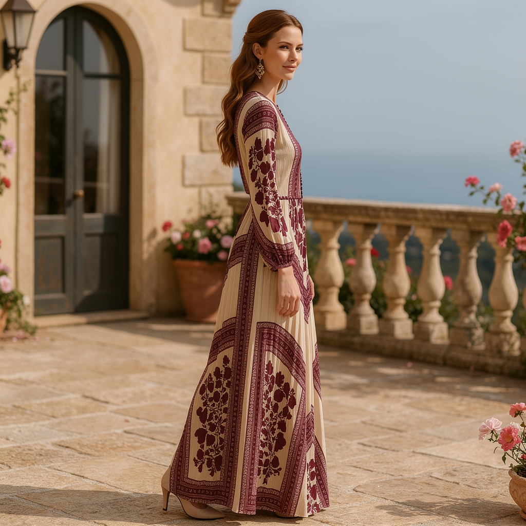 Boho printed long sleeve maxi dress by Christine Brewer with a relaxed fit, featuring flowing fabric and bohemian style.