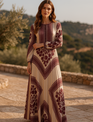 Boho printed long sleeve maxi dress by Christine Brewer featuring relaxed fit and vibrant bohemian pattern.