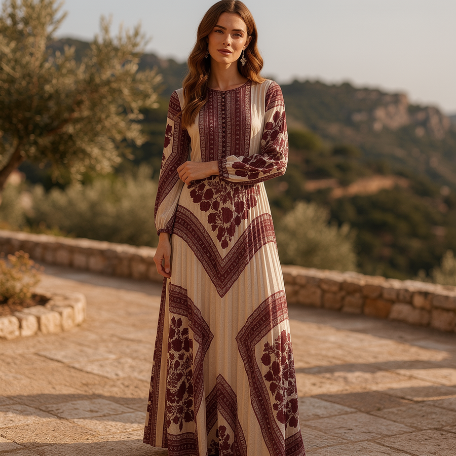 Boho printed long sleeve maxi dress by Christine Brewer featuring relaxed fit and vibrant bohemian pattern.