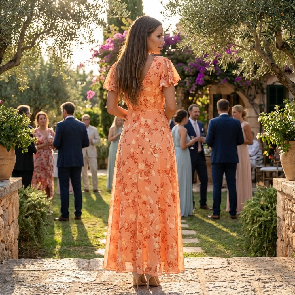 Floral chiffon midi dress with short sleeves and a flowy skirt by Christine Brewer, featuring a vibrant floral pattern.