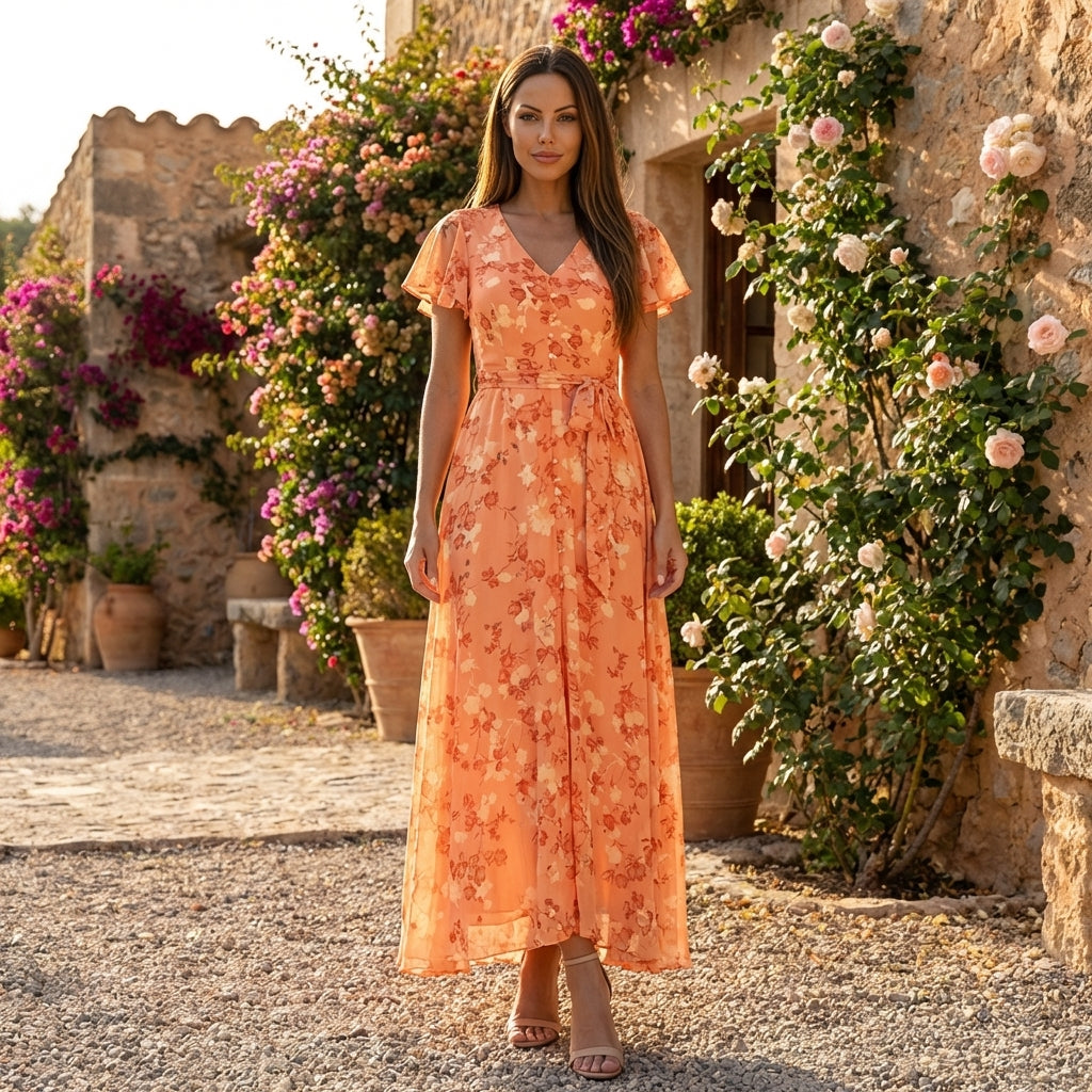 Floral chiffon midi dress with short sleeves and flowing skirt by Christine Brewer, shown on a hanger with a soft background.