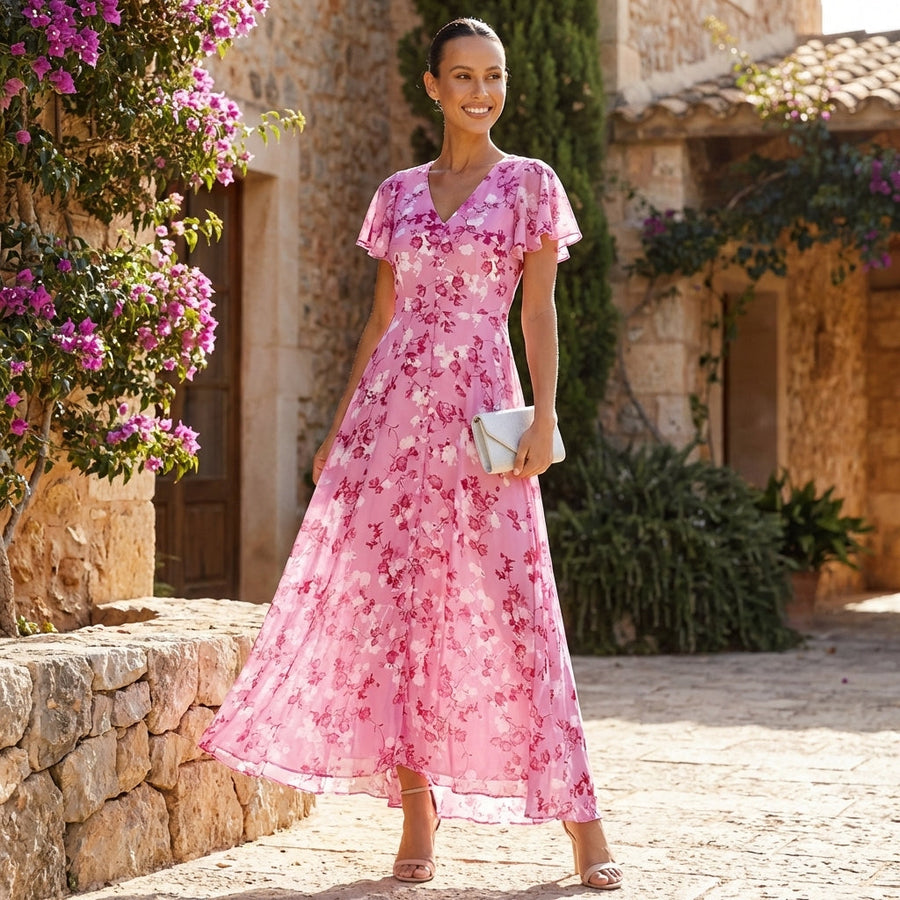 Floral chiffon midi dress with short sleeves and a flowy skirt by Christine Brewer, shown on a model against a neutral background.