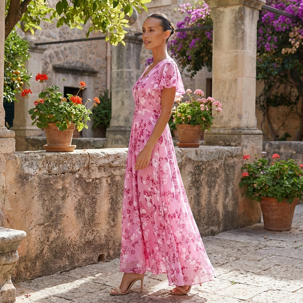 Floral chiffon midi dress with short sleeves and flowing skirt by Christine Brewer, shown on a model.