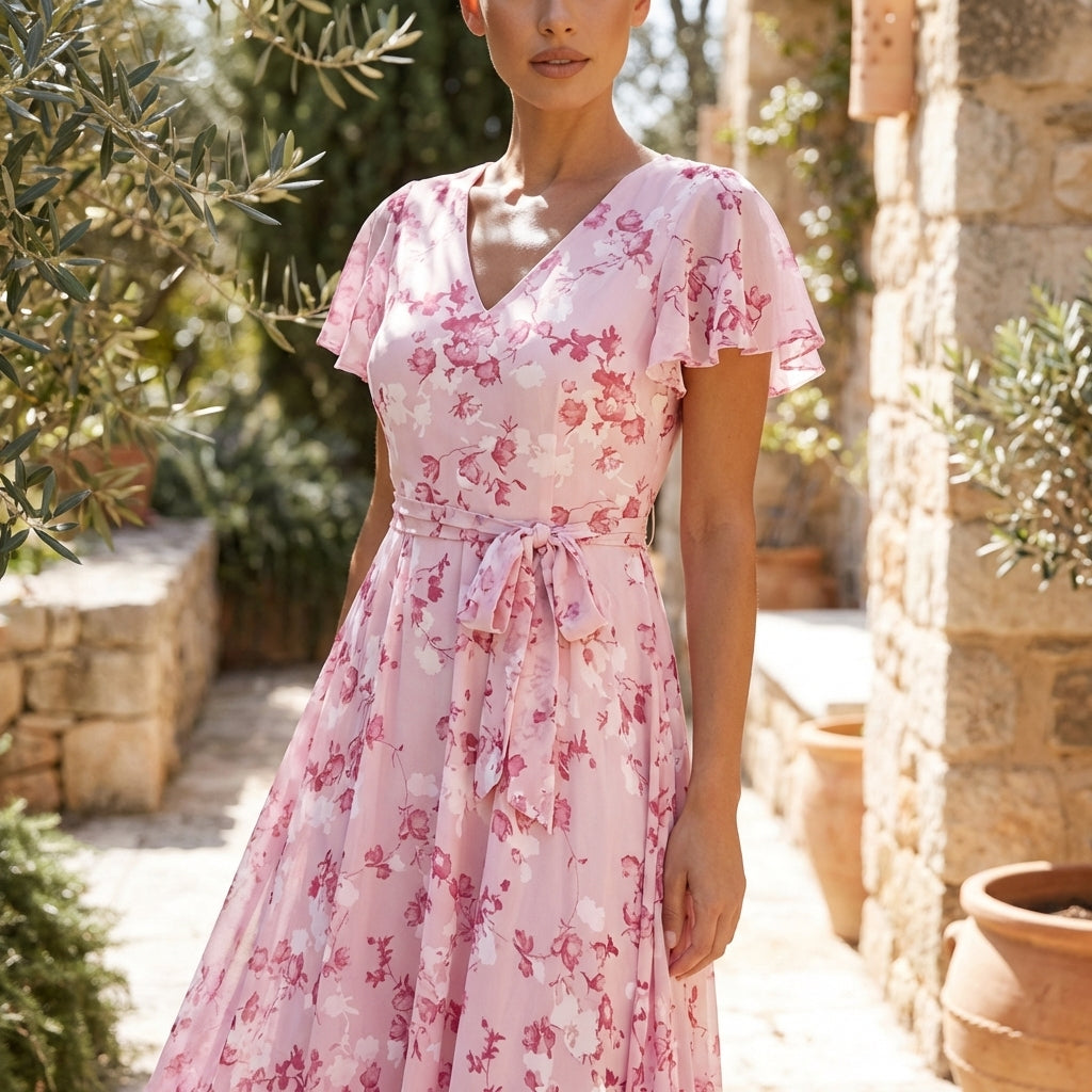 Floral chiffon midi dress with short sleeves and flowy skirt by Christine Brewer, perfect for spring and summer occasions.