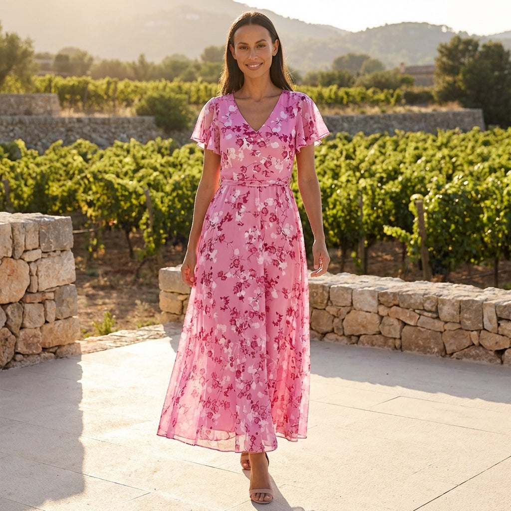 Floral chiffon midi dress with short sleeves and flowy skirt by Christine Brewer, shown on a model.