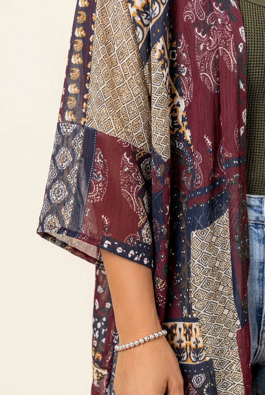 Plus size women’s open front kimono cardigan by Christine Brewer with semi-sheer fabric and side slits, styled as a versatile top.