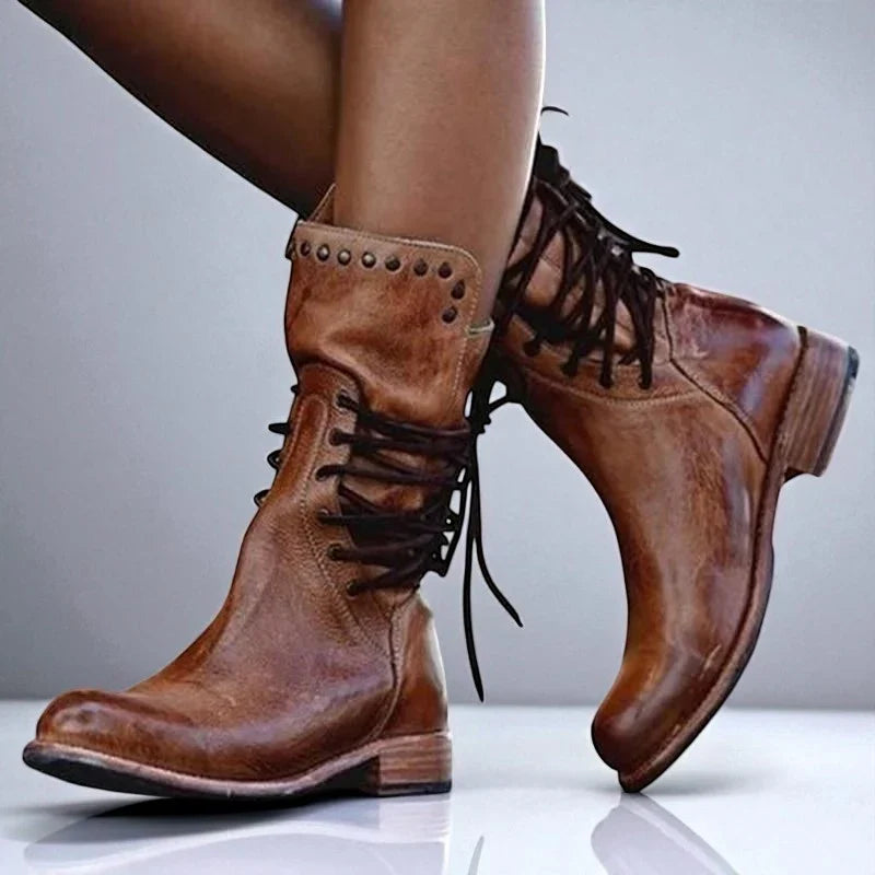 June | Ankle Boots Combat Boots Women Winter Lace Up Studded Round Toe Low Heel