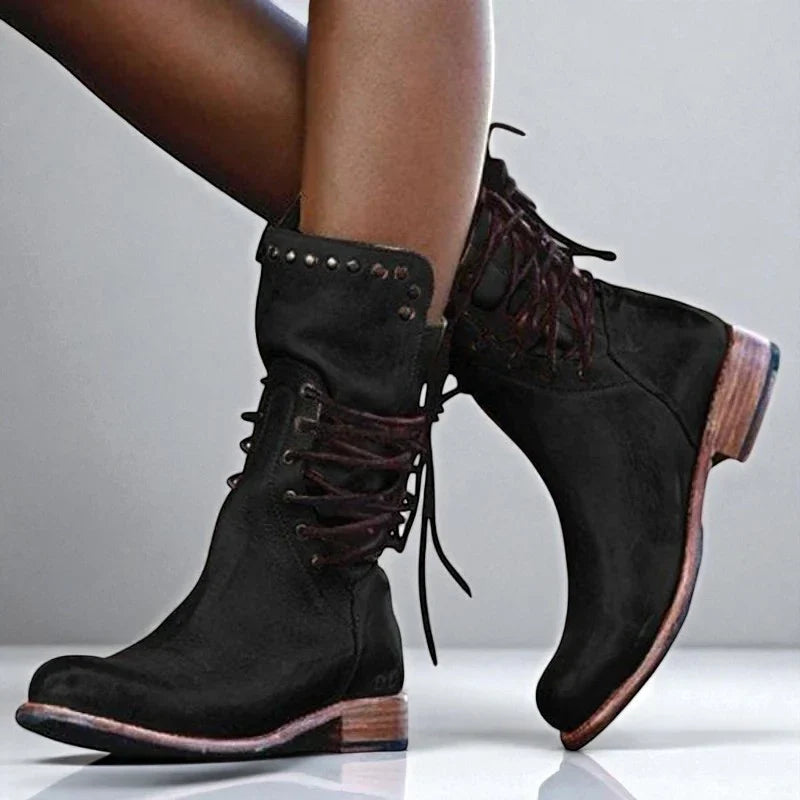 June | Ankle Boots Combat Boots Women Winter Lace Up Studded Round Toe Low Heel