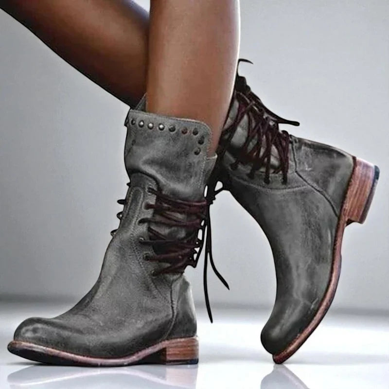 June | Ankle Boots Combat Boots Women Winter Lace Up Studded Round Toe Low Heel