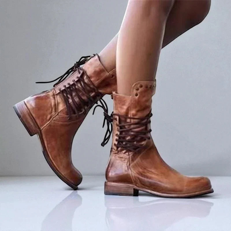 June | Ankle Boots Combat Boots Women Winter Lace Up Studded Round Toe Low Heel