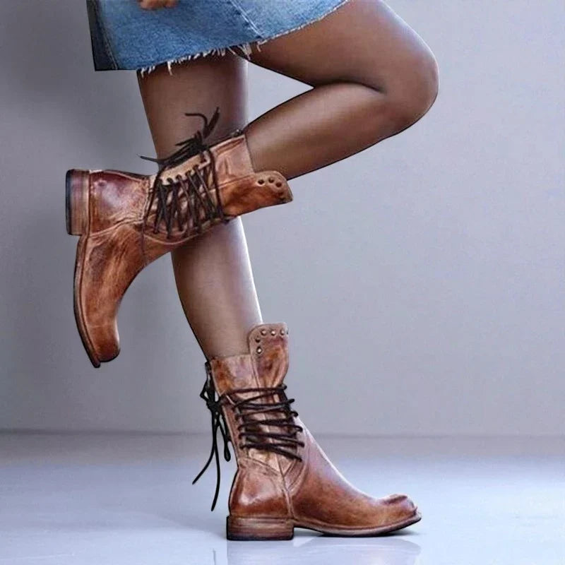 June | Ankle Boots Combat Boots Women Winter Lace Up Studded Round Toe Low Heel