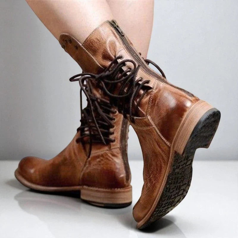 June | Ankle Boots Combat Boots Women Winter Lace Up Studded Round Toe Low Heel