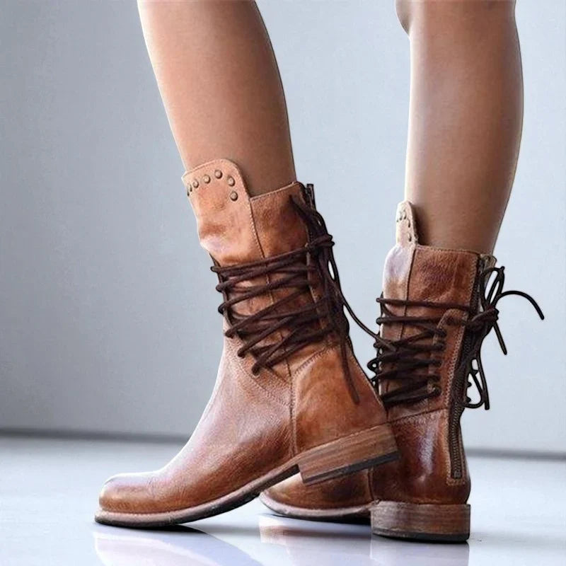 June | Ankle Boots Combat Boots Women Winter Lace Up Studded Round Toe Low Heel