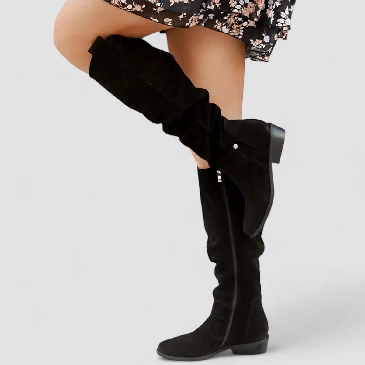 Elin | Knee High Boots Tall Boots Women Winter Side Zip Slouchy Round Toe Low