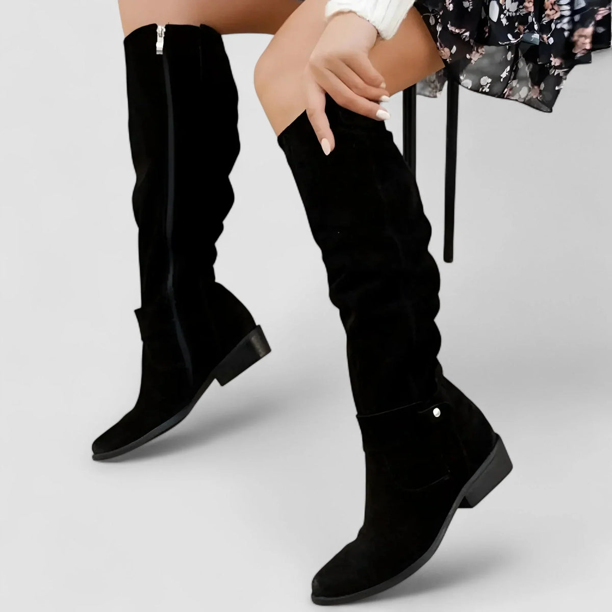 Elin | Knee High Boots Tall Boots Women Winter Side Zip Slouchy Round Toe Low