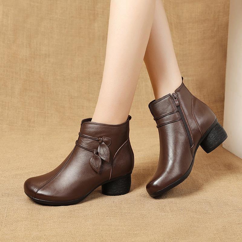 Leona | Ankle Boots Booties Women Winter Fall Leather Side Zip Chunky Heel Block Heel